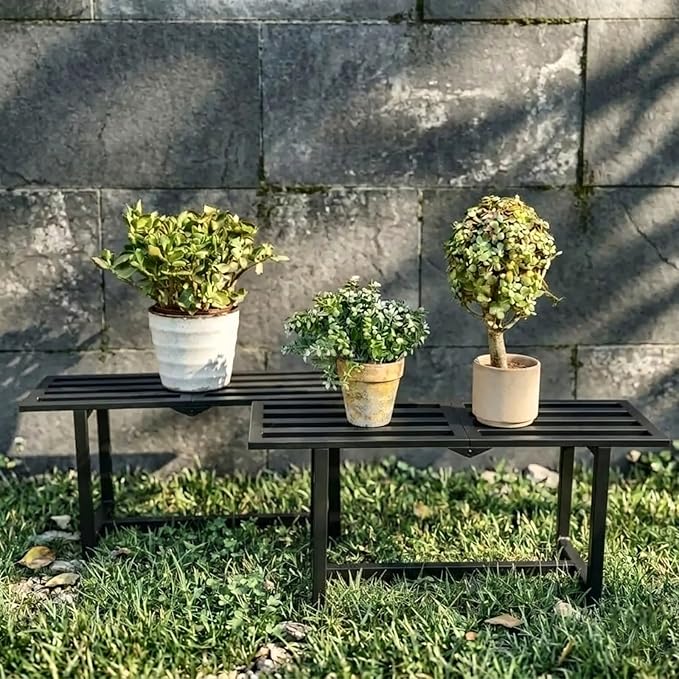 Plant Stand Indoor Outdoor, Foldable Metal Plant Shelf for Multiple Pots, Mid Century Slatted Bench for Patio Garden, Heavy Duty Capacity 330 lbs 2 Pack Black
