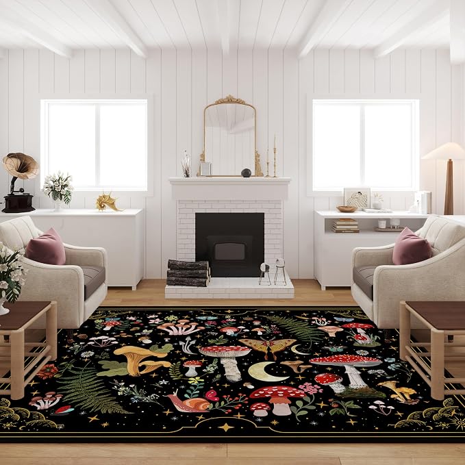 Mushroom Moth Area Rugs for Living Room Dining Room Bedroom Farmhouse, Non-Slip Machine Washable Black Living Room Rug Carpet 3'x5', Witchy Decor Aesthetic