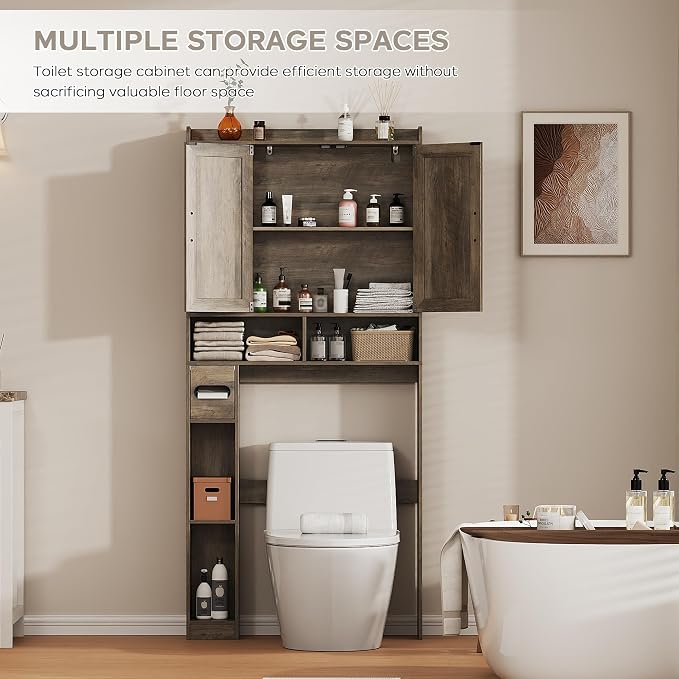 Over the Toilet Storage Cabinet, 31.1”W Bathroom Organizer with Double Doors, Above Toilet Rack, Detachable Toilet Paper Holder for Bathroom & Laundry Room Grey