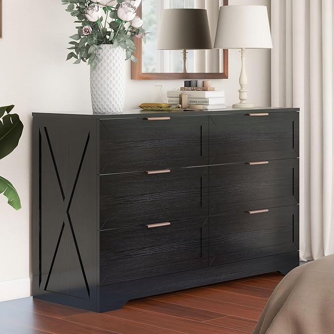 Modern 6 Drawer Dresser for Bedroom, Dresser Chest of Drawer with Large Drawers & Golden Handles, Wooden Dressers Drawer Storage Unit for Bedroom, Living Room, Closet (Black)