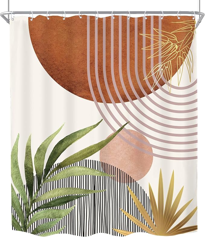 KOMLLEX Mid Century Green Boho Shower Curtain 60Wx72L Inches Abstract Modern Brown Shower Curtain for Bathroom Decor Plant Botanical Minimalist Arch Sun Fabric Liner Waterproof Polyester 12 Pack Hooks