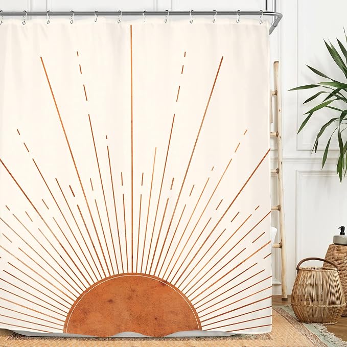 Miyotaa Rust Sun Abstract Shower Curtain Set 71Wx71H Inches Minimalist Mid Century Modern Vintage Aesthetic Sunrise Polyester Waterproof Bathroom Curtain with 12 Hooks