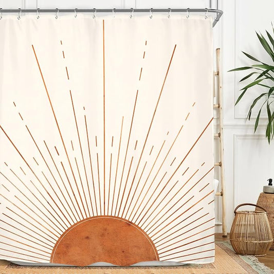 Miyotaa Rust Sun Abstract Shower Curtain Set 71Wx71H Inches Minimalist Mid Century Modern Vintage Aesthetic Sunrise Polyester Waterproof Bathroom Curtain with 12 Hooks