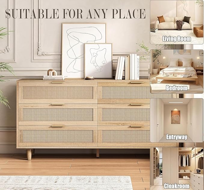 Fsbecl Rattan 6 Dresser for Bedroom, Chest of Drawers, 59'' Wide Modern Wooden Dresser Chest with Golden Handles, Storage Cabinet for Closet, Living Room, Entryway, Natural