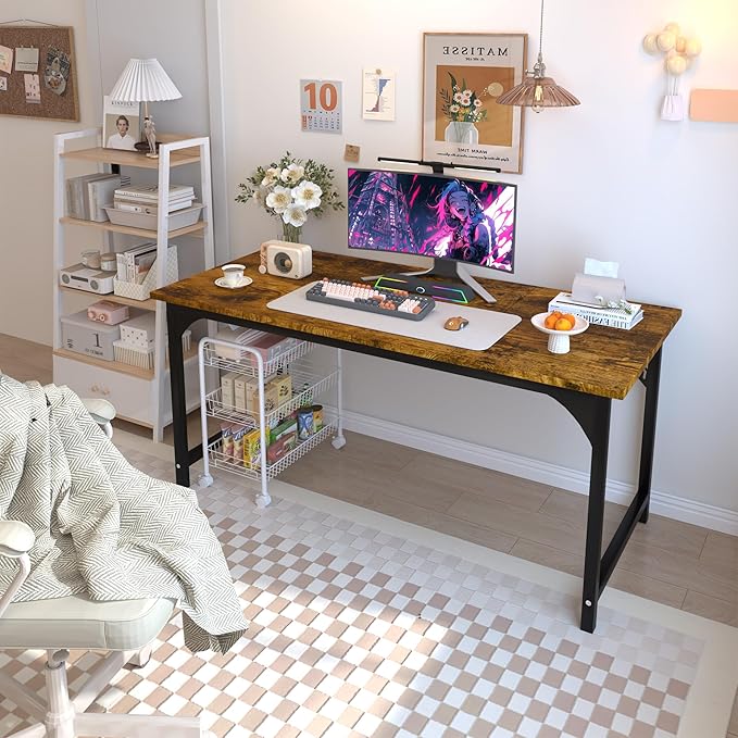 55'' Computer Desk with Deeper Desktop, Home Office Desk Workstation with Sturdy Metal Frame, Modern Simple Desk for Gaming Studying Writing, Rustic Brown