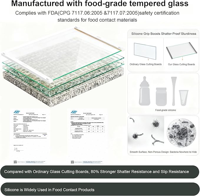 2PCS Glass Cutting Board with Silicone Grip, 80% Stronger Shatter Resistance and Slip Resistance,No Scratches/Microplastic-Free,Dishwasher Safe, Non Toxic Chopping Board for Kitchen (White)