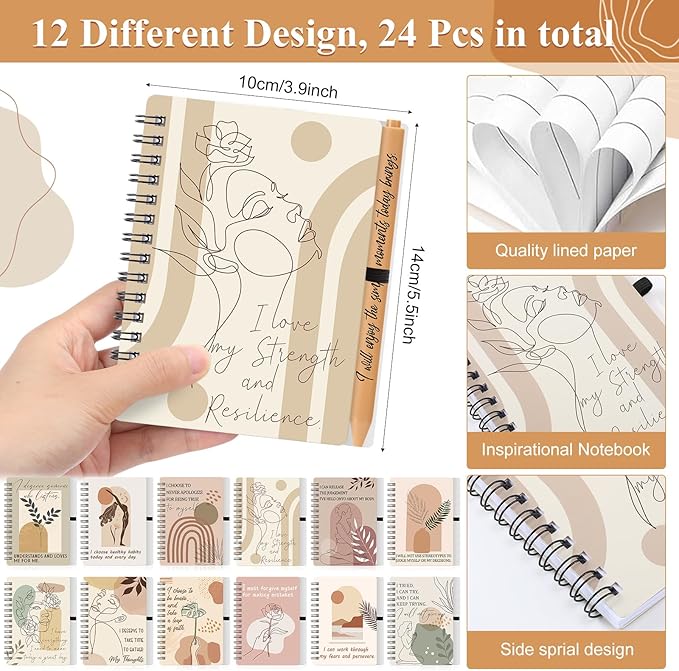 Kosiz 48 Pcs/24 Set Positive Affirmation Gifts Gratitude Spiral Notebooks with Pens Motivational Encouragement Notepads Daily Affirmations Journal for Women Valentine Galentine Gifts (Abstract)