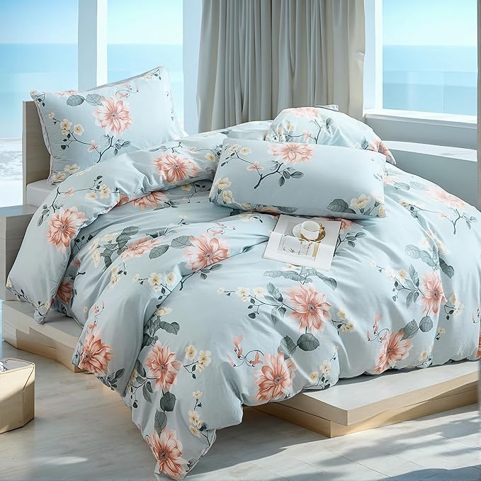 Blue Floral Duvet Cover Queen Size 100% Soft Cotton 3 Pieces French Country Chic Garden Style Luxury Blossom Floral Vibrant Pattern Reversible Flower Duvet Cover with Zipper Closure