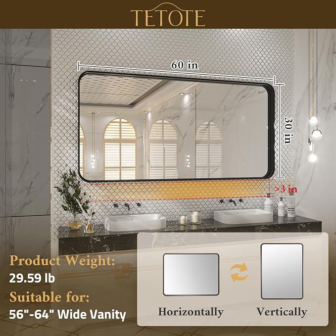 TETOTE 60 x 30 Inch Black Vanity Mirror, Rectangle Matte Metal Frame for Bathroom, Modern Round Corner Wall Mounted Mirror (Horizontal/Vertical)