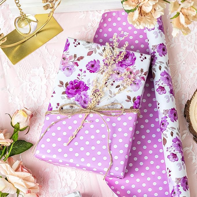 Yarcony Reversible Floral Wrapping Paper Roll, Purple Flower Gift Wrapping Paper, Watercolor Rose Design Wedding Gift Wrap for Girl Women Birthday, Mother's Day, Bridal Shower,Christmas (17Inx16.5Ft)