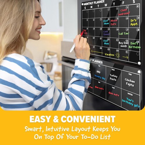 Skiennix Acrylic Calendar for Fridge - Magnetic Dry Erase Planning Board Set | 2-Piece with 6 Chalk Markers & 3 Backgrounds