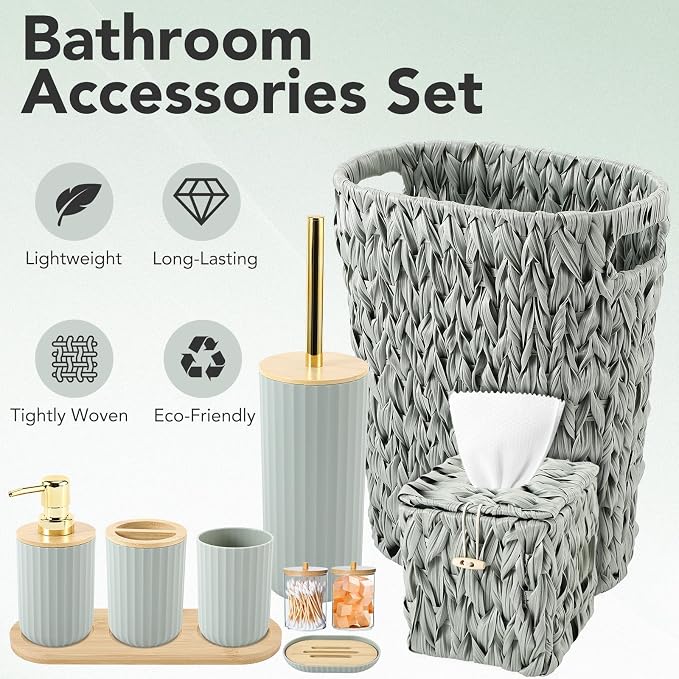 Bathroom Accessory Set, 10 Pieces Bath Set- Wicker Trash Can Tissue Box Soap Dish Toothbrush Holder Rinse Cup Lotion Bottle Toilet Brush Qtip Holder - Practical Bathroom Decor Sets (Sage Green)
