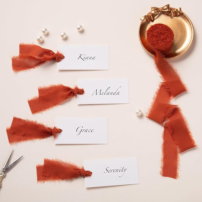 DORIS HOME Burnt Orange Chiffon Ribbon for Flower Bouquet, 1" x21Yd Fabric Ribbon for Gift Wrapping, Handmade Frayed Ribbon for Wedding Invitations/Christmas Decorations