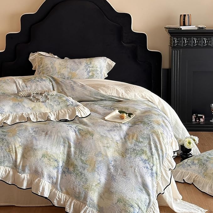 VM VOUGEMARKET Romantic Ruffle Duvet Cover Queen Breathable Muslin Cotton Wash Painting Style Duvet Cover Soft Linen Like Gauze Bedding Set-Queen Size