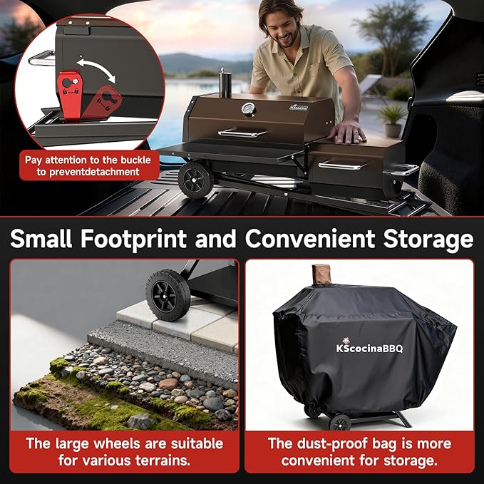 kscocinaBBQ Portable Charcoal Grill with Smoking Function, Foldable Suitcase Design with Wheels, Multi-Tier Storage Rack & Waterproof Cover for Outdoor BBQ Parties (Khaki)