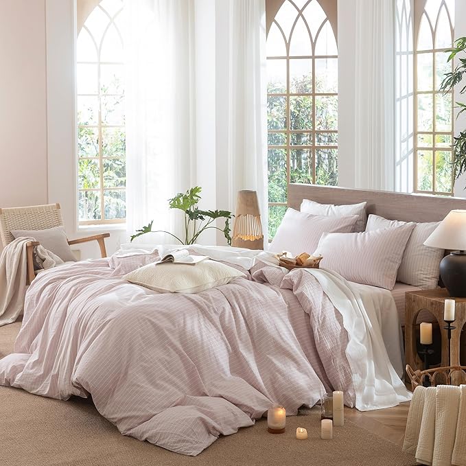 MooMee Striped Duvet Cover Set 100% Washed Cotton Linen Like Textured Breathable Durable Soft Comfy (Heathered Greyish Pink White Wide Stripes, Palatial King/Oversized King 120"x98")
