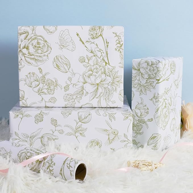 RayofSun Green Floral Wrapping Paper Roll 17 in x 16.5 ft Mini Roll Vintage Toile Flower Gift Wrap Paper for All Occasion Wedding Birthday Bridal Shower Party Baby Shower Christmas