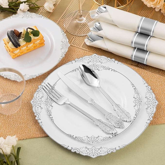 75PCS Silver Plastic Silverware for 25 Guests, Heavy Duty Silver Disposable Utensils Sets, Includes 25 Forks, 25 Spoons, 25 Knives, Elegant Cutlery Perfect for Wedding or Party