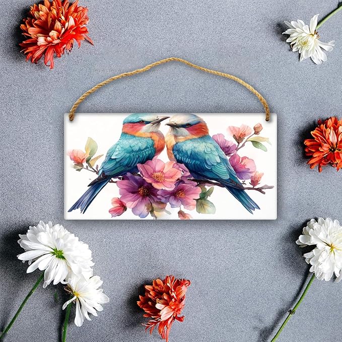 Colorful Avian & Floral Wooden Sign, 12x6 Inch Artistic Wood Decors for Bird Admirers & Whimsical Home Fans, Ideal for Living Room Focal Points & Nature-Inspired Design