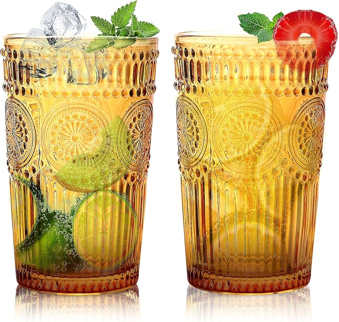 Loivttvv 6pcs Vintage Drinking Glasses Set, 12 oz Amber Highball Glasses, Embossed Ribbed Glassware Cups for Thanksgiving Cocktail, Juice, Whiskey