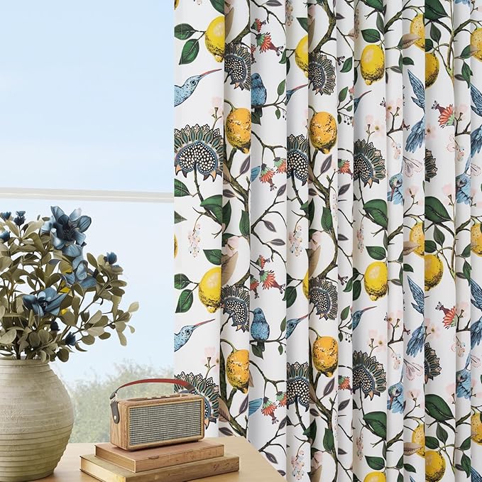 Pinch Pleated Curtains Floral Cottage Core Curtains for Living Room 90 Inches Long Blue and White Vintage Hummingbird Lemon Blackout Drapes for Bedroom with Hooks Set 2 Panels