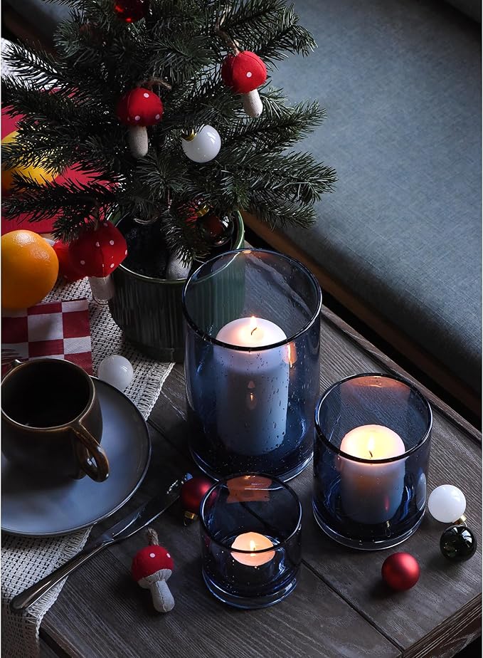 ARIAMOTION Blue Candle Holder for Pillar Tealights Modern Bubbles Glass Hurricane Cylinder Vases Table centerpieces Kitchen Island Dining Room Coffee Bar 8" 5" 3.5" Height Set 3
