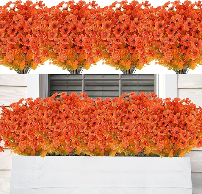 AmyHomie 16 Bundles Fall Orange Artificial Flowers for Outdoor Fall Decor UV Resistant Faux Flowers No Fade Fake Plastic Plants Garden Porch Window Box Decorating