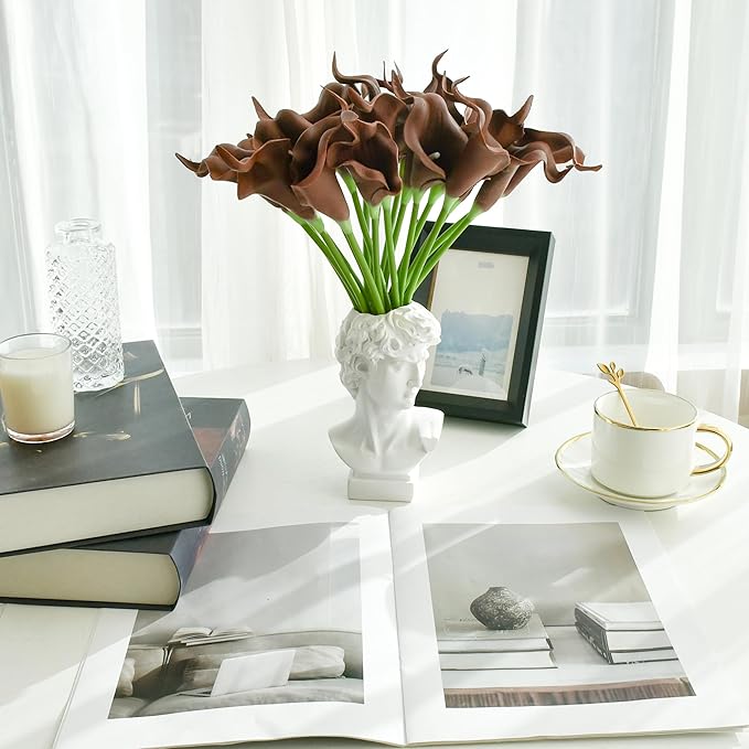 Mandy's PU Brown Calla Lily Artificial Flowers 20 Stems 13.5in Faux Realistic Centerpiece for Thanksgiving and Christmas Decorations DIY Bridal Bouquet Home Décor