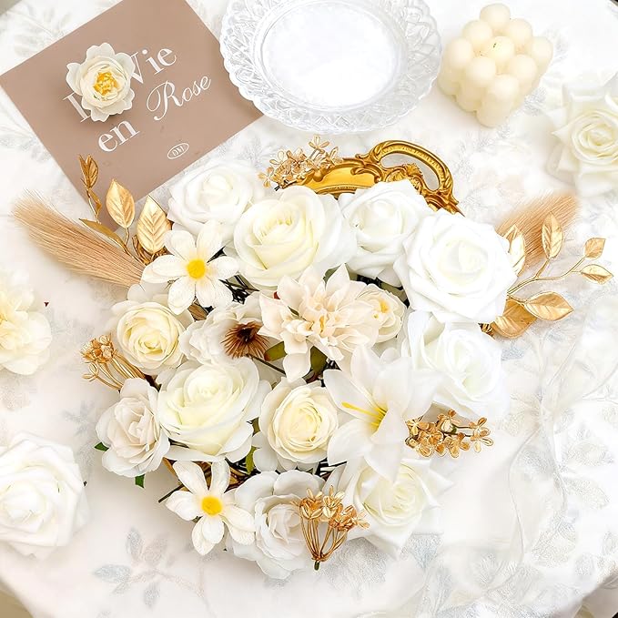 SwanMoon Artificial Flowers Combo Box Set, 33pcs Silk Roses & White Peony with Stems for DIY Wedding Bouquets, Baby Shower, Party Centerpieces & Home Decor