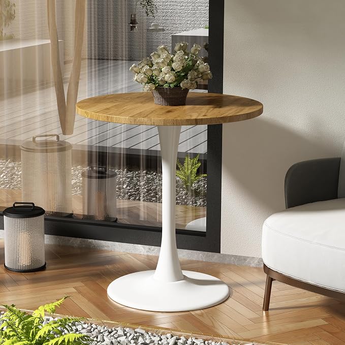 Round Dining Table 27.5" Circle Tulip Table with Wood Thickened Tabletop & Sturdy Metal Pedestal Mid Century Modern Leisure Bistro Kitchen Tables 4 People Small Places Living Room Cafe,Oak