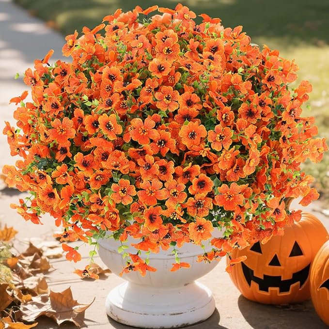 24 Bundles Fall Flowers Artificial for Halloween Decoration Outdoors, Fake Plants Autumn, Mums Daisy Eucalyptus Realistic UV Resistant for Garden Patio Porch Home Decor, Orange