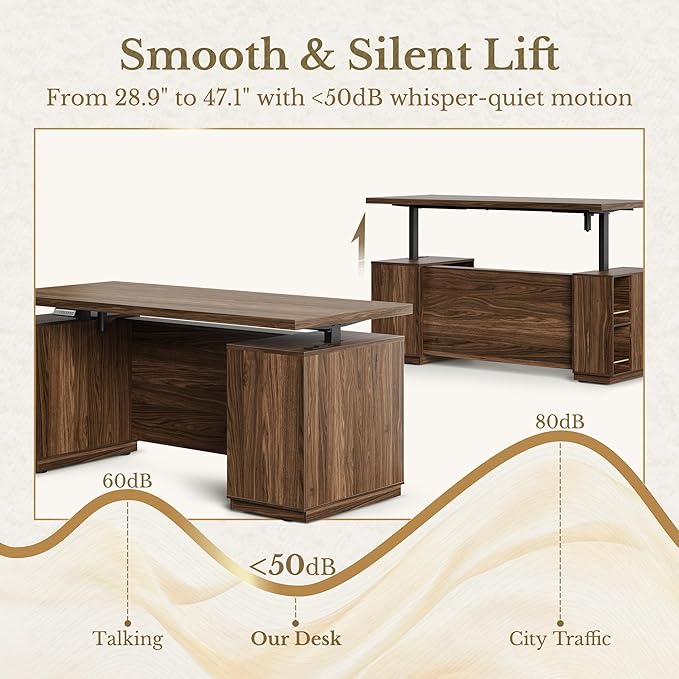 Standing Desk with File Cabinet, 70 Inch L Shaped Electric Height Adjustable Executive Desk with AC/USB and Privacy Panel, Computer Corner Table for Home Office, Black Walnut