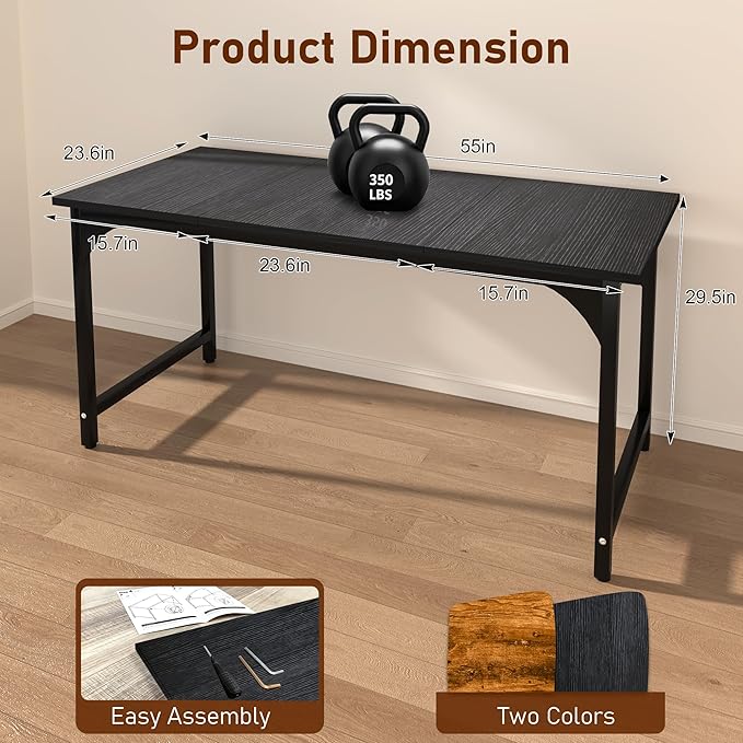 Computer Desk, 55 Inch Home Office Desks, Office Desk for Gaming Writing Study Work, Study Table with Large Legroom, Computer Desk with Metal Frame, Modern Simple Home Office Desk for Bedroom