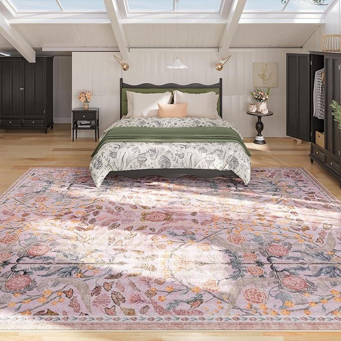 AMTOVO 9x12 Washable Area Rugs for Living Room, Non-Slip&Non-Shedding Floral Large Soft Boho Vintage Print Carpet for Bedroom Girls Room Dorm Dining Room Farmhouse Nursery Home Office, Pink