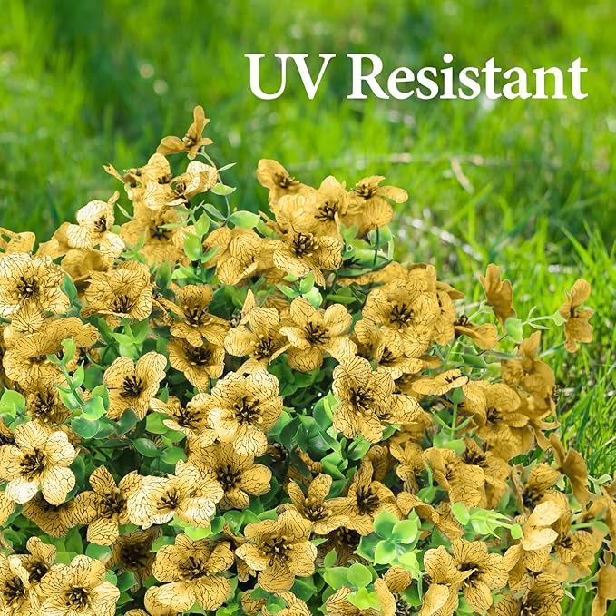 Artificial Flowers Outdoor Faux Plants UV Resistant Fake Patio Flowers Plastic Greenery Plnats Outside Bulk for Spring Garden Hanging Planter Home Vase Decor, 12 Bundles (Yellow)