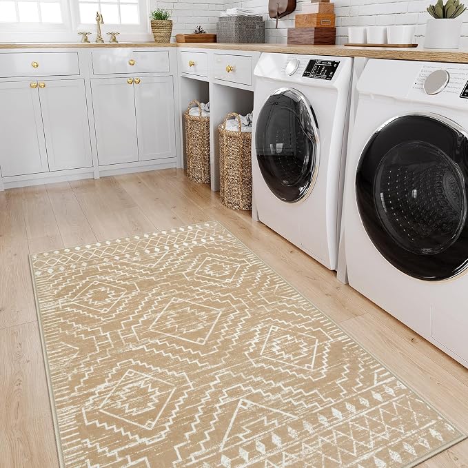 Wonnitar Moroccan Washable Area Rug 4x6, Non-Slip Rugs for Living Room, Boho Bedroom Throw Mat, Geometric Low Pile Floor Carpet for Home Office Mudroom Kitchen (Kakhi,4'x6')