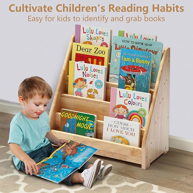 Montessori Bookshelf for Toddler 1-5 Years, Kids Wooden 5-Tier Front Facing Book Display Shelf with Chalkboard for Bedroom,Playroom,Classroom,Book Rack Organizer, Natural