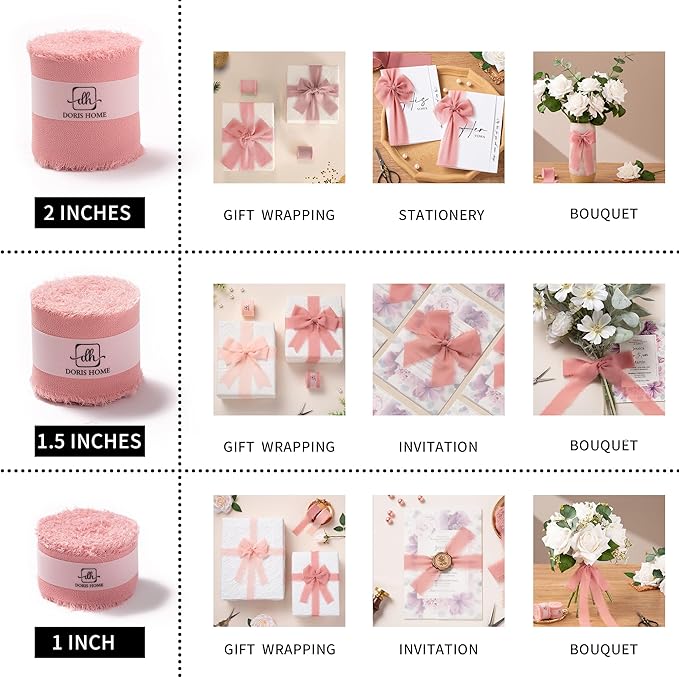DORIS HOME Dusty Rose Chiffon Ribbon for Flower Bouquet, 1" x21Yd Fabric Ribbon for Gift Wrapping, Handmade Frayed Ribbon for Wedding Invitations/Christmas Decorations