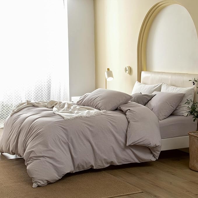 JIYUAN 100% Washed Cotton Duvet Cover Set 3 Pieces Oversized Queen, 1 Duvet Cover 98x98 Inches(Comforter Not Included) and 2 Pillowcases,Linen Feel Bedding Set Comfy and Breathable, Heathered Linen