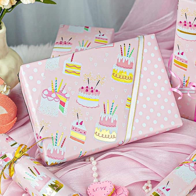 Homeral Pink Birthday Wrapping Paper Roll - 17 In x 33 Ft (46.5 sqft) Gift Wrap with Metallic Foil Cakes, Colorful Candles and Polka Dot Pattern for Girls Birthday, Baby Shower, Party, Valentines Day