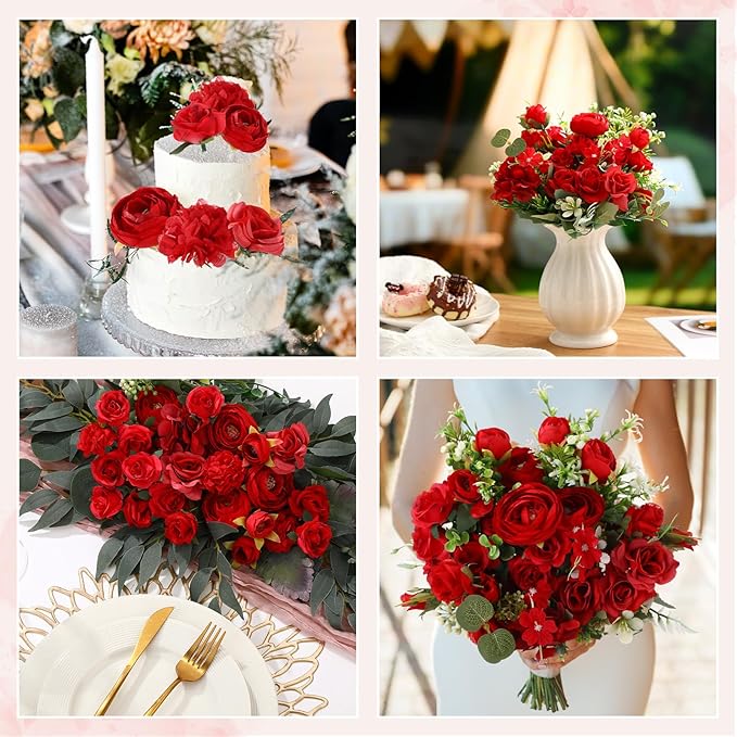 Zeyune 12 Bundles Artificial Peonies Flowers Artificial Silk Rose Faux Dahlia Fake Chamomile Hydrangea Bouquet Bulk for Vase Home Wedding Centerpiece Party Decoration(Red,Scarlet)