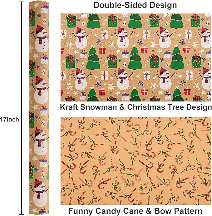Yarcony Christmas Gift Wrapping Paper Roll, Kraft Snowman Wrapping Paper，Reversible Snowman, Candy Cane & Bow Design Winter Theme Thick Christmas Gift Wrap for Holiday Celebration (17 Inch X 33 Feet)