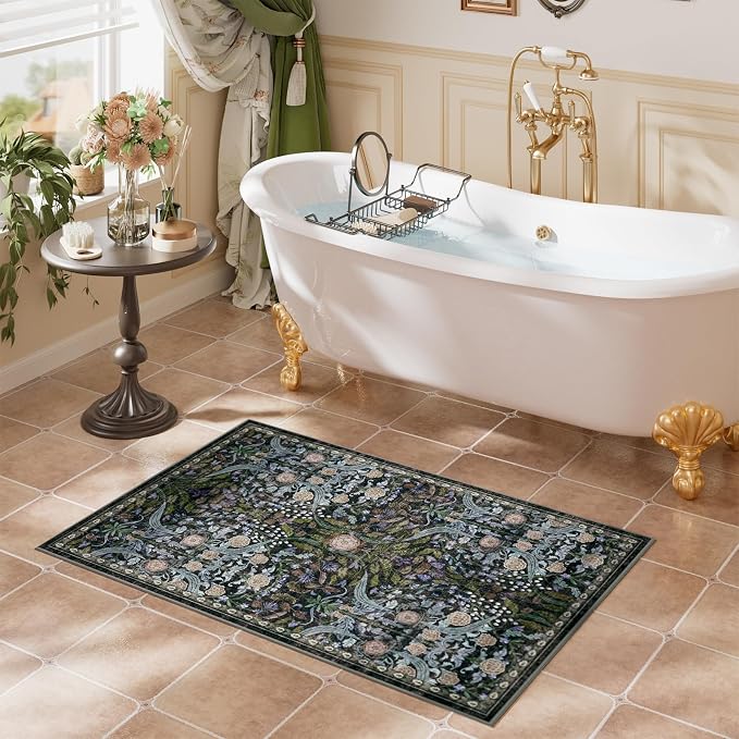 AMTOVO 2x3 Washable Entryway Area Rug Door Mat, Vintage Boho Floral Distressed Print Non-Slip Carpet, Small Throw Rug for Indoor Entrance Kitchen Bedroom Bathroom Laundry Floor, Black