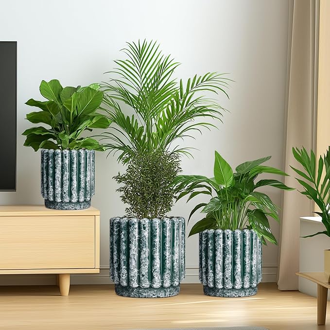 Ceramicfor Ceramic Flower Pots 7.6 Inch - Ceramic Planters for Indoor Outdoor Plants, Decorative Plant Pot with Drainage Hole, Round Fluted Planter, Home Room Decor, Housewarming Gifts, Green