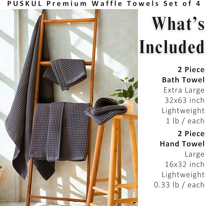 PÜSKÜL 4-Piece Natural 100% Turkish Cotton Luxury Waffle Towels for Bathroom | Premium Honeycomb Weave 2 Hand Towel & 2 Bath Towel Set | Soft Absorbent Quick-Dry Lightweight Towels (anthracithe)