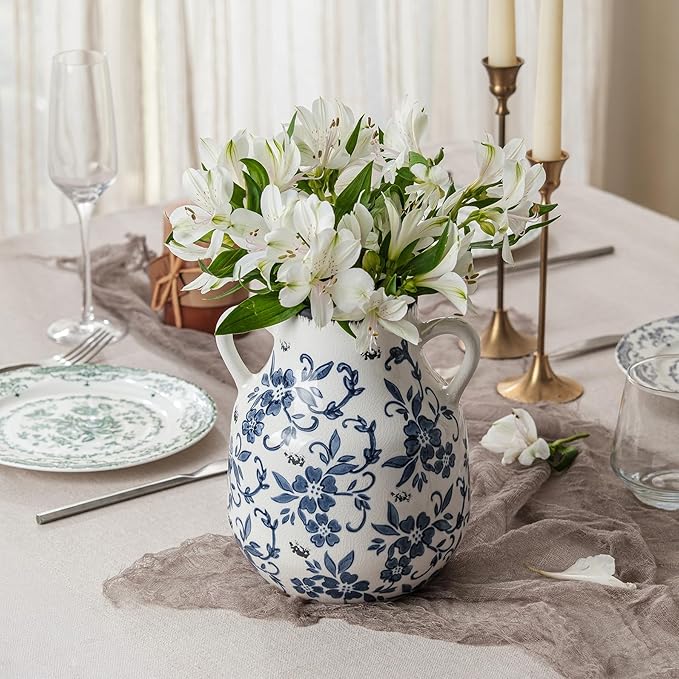 Blue and White Vintage Round Flower Vase with 2 Handles, Chinoiserie Floral Vase, Retro Ice Cracked Ceramic Large Vases for Home Decor, Living Room, Grand Millennial Chinoiserie Decor, 7.7 Inch