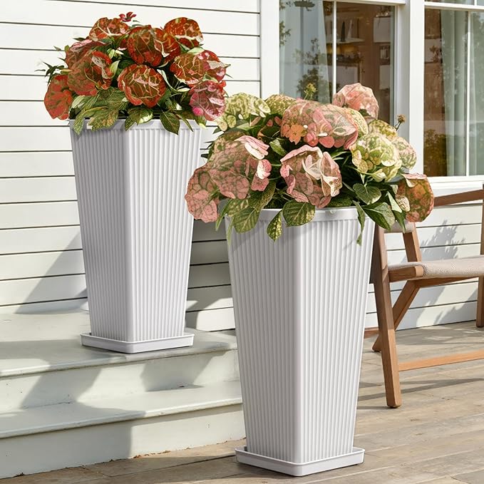 Square Tall Planters for Outdoor Plants Set of 2-23.6" Modern Tapered Indoor Flower Pots with Drainage Holes/Partition/Tray, Large Outdoor Planters for Porch Patio Garden Front Porch, White
