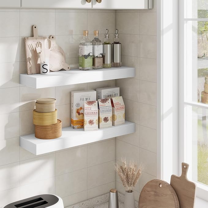 Fun Memories Floating Shelves Set of 2, 24 Inch Floating Shelves for Wall, Wood Wall Shelves with Invisible Brackets, for Bathroom, Bedroom, Living Room, Kitchen, White