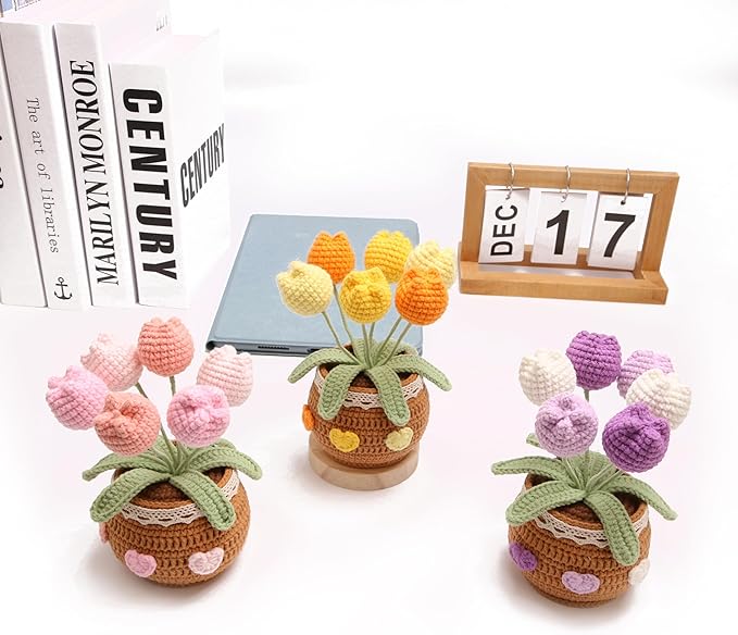 Crocheted Tulip Bouquets, Artificial Tulip Hand-Woven Flowers Suitable for Home, Office Decorations and Birthday Gifts for Family and Friends Anniversary (6 Flowers-Pink)