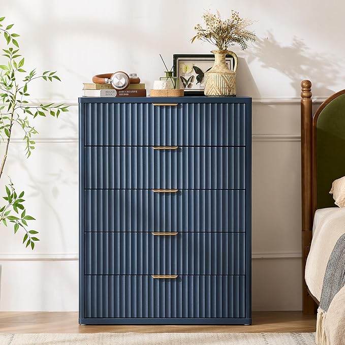 Fluted 5 Drawers Dresser for Bedroom, 41" Tall Modern Chest of Drawers with Metal Handle,Navy Blue Wood Drawer Organizer for Bedroom, Living Room, Hallway, Entryway